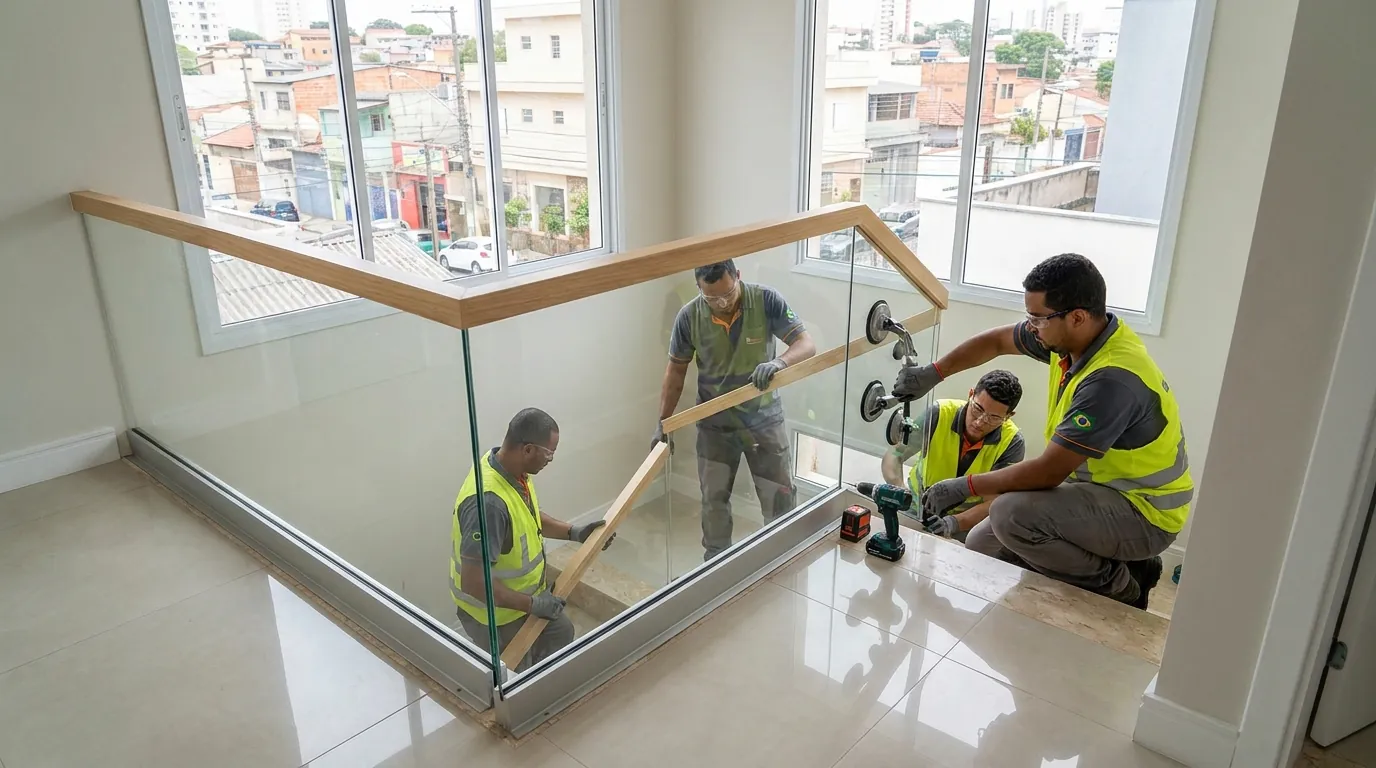 Painéis de guarda-corpo de vidro sendo fixados