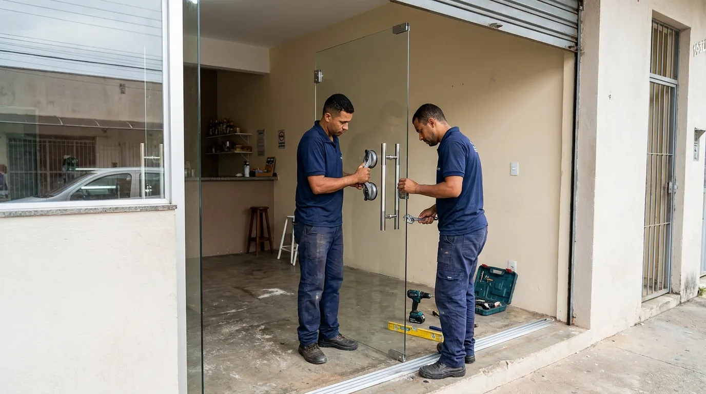 Montagem de porta de vidro em ambiente interno